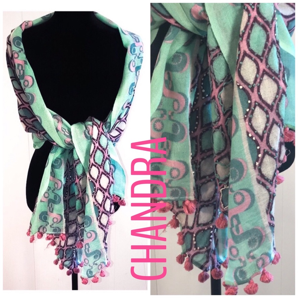 CHANDRA Mint Green and Pink Ball Fringe Wool Scarf or Wrap